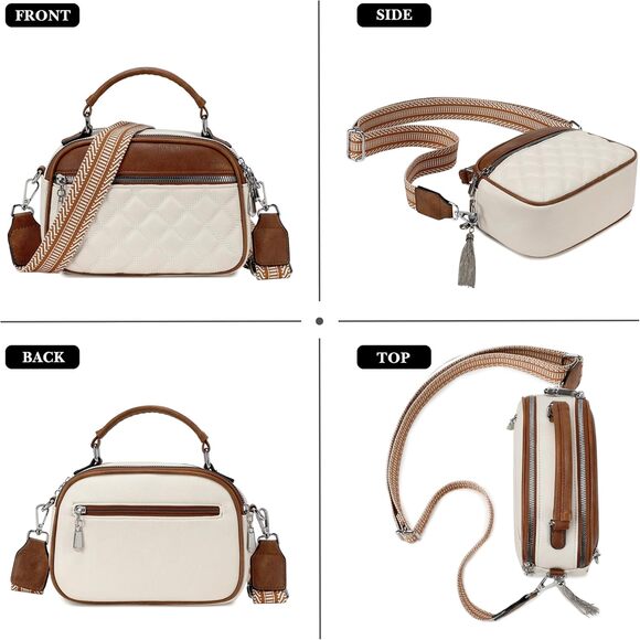 Quilted Cream & Brown Crossbody Bag | Top Handle Purse w/ Boho Strap - Picture 3 of 5